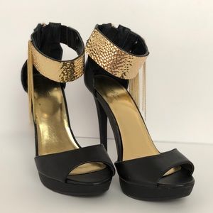 Thalia Sodi Black Heels with Gold Ankle Strap
